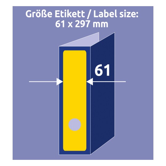 A kép egy címkeméret diagramot jelenít meg, amely a 61 x 297 mm méreteket ábrázolja, egy címke pedig a szélességet emeli ki.