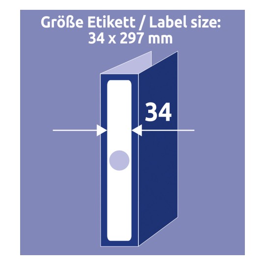 A kép egy 34 x 297 mm-es címkeméretet ábrázol, méretekkel illusztrálva, és egy színes tervvel, amely lila hátteret tartalmaz.