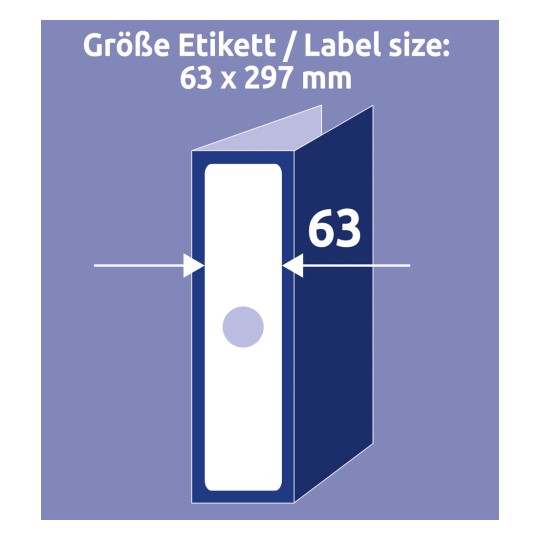 A kép egy 63 x 297 mm méretű címkét mutat, a méretek vizuális ábrázolásával. A címke függőlegesen van elhelyezve, a méretek világos formátumban vannak feltüntetve.