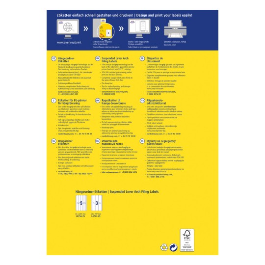 A kép tartalmaz utasításokat a címketervezéshez és -nyomtatáshoz, kiemelve a felfüggesztett karos iratrendező címkéket. Többnyelvű szöveget tartalmaz az optimális nyomtatáshoz és tároláshoz, egy illusztrációt a szoftver használatáról, valamint információkat a rendelkezésre álló címkeméretekről.