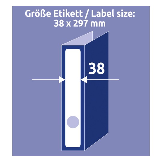 Egy illusztráció, amely egy iratgyűjtő címkeméret-specifikációját mutatja, 38 x 297 mm-es méretekkel és a címke elhelyezésének vizuális ábrázolásával.