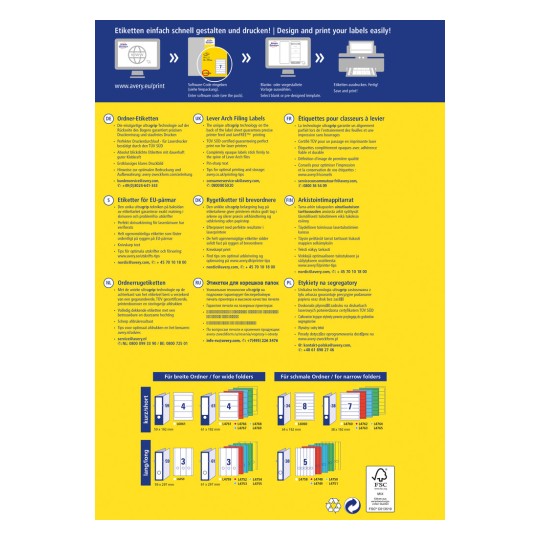 A kép egy többnyelvű reklám az Avery címkékről, amely különféle típusú címkéket és irattároló rendszereket mutat be. Információt ad a címkenyomtatásról, tervezésről és használhatóságról, mellettük pedig tippeket a legjobb eredmények eléréséhez, valamint a különböző címkeformátumok termékkódjait is tartalmazza.