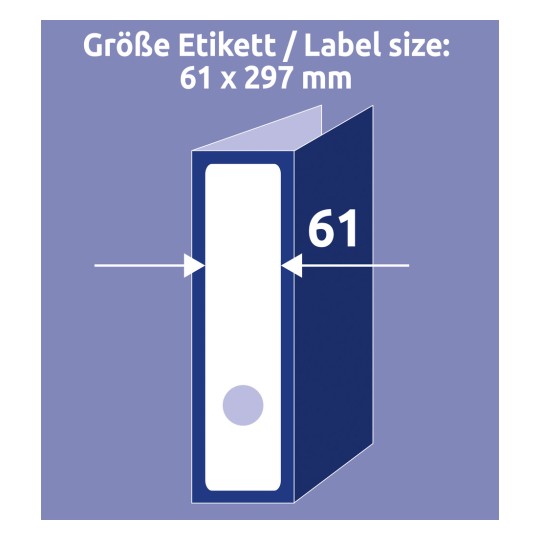 Egy illusztráció, amely egy 61 x 297 mm méretű címke specifikációját mutatja, világosan jelzett méretekkel, valamint egy mappa vagy gyűrűskönyv ábrázolásával.