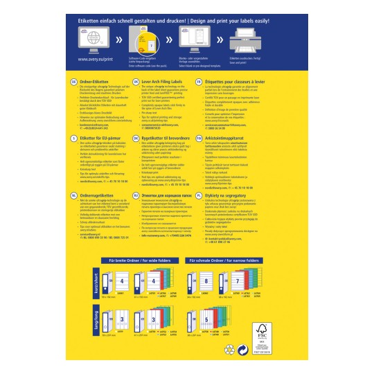 A kép információkat tartalmaz az Avery címkenyomtatási megoldásairól. Utasításokat, termék specifikációkat és tervezési ajánlásokat tartalmaz több nyelven. Különböző címkeformátumokat sorol fel mappákhoz, valamint tippeket ad az optimális nyomtatáshoz és tároláshoz.