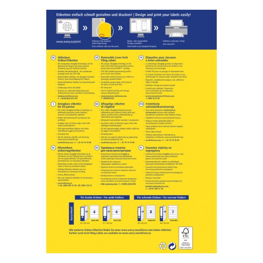 Tájékoztató grafika a levehető karos iratrendező címkékről, amely többnyelvű utasításokat és illusztrációkat tartalmaz a címkék nyomtatásához és rendezéséhez.