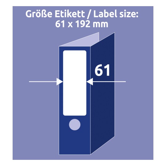 Ez a kép egy diagramot mutat be, amely egy 61 x 192 mm-es címke méreteit ábrázolja, amelyet egy dosszién vagy mappán való használatra szánnak. A méret egyértelműen meg van jelölve, a címke mappán való elhelyezkedésének vizuális ábrázolásával együtt.