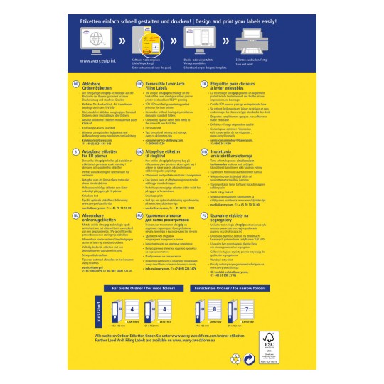 Ez a kép információkat tartalmaz az Avery cserélhető karos iratrendező címkéiről. Tartalmaz részleteket a tervezésről, nyomtatási lehetőségekről, valamint különböző nyelveken mutatja be a termék jellemzőivel és specifikációival kapcsolatos hasonló információkat.