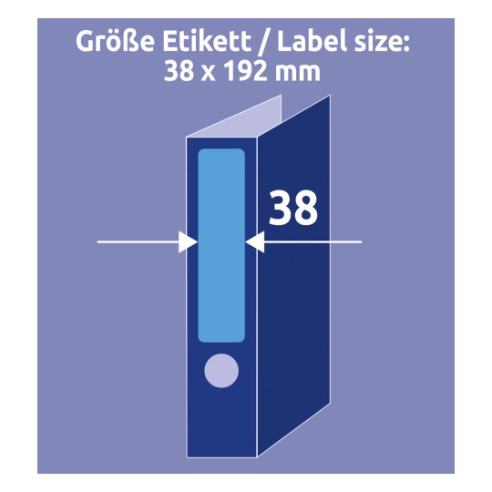 A kép egy 38 x 192 mm-es címkeméretet mutat, egy iratgyűjtő grafikával illusztrálva. A méretek tiszta, világos dizájnban egy kék háttérrel vannak kiemelve.