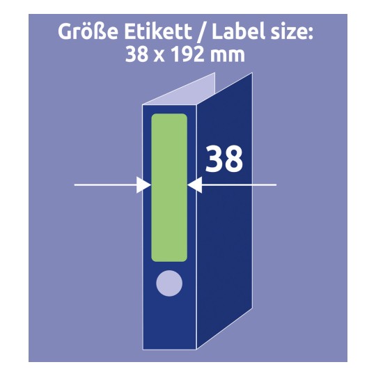 A kép egy diagramot mutat, amely egy 38 x 192 mm-es címke méretét jelzi, zöld terület reprezentálja a címkét és nyilak mutatják a méréseket.