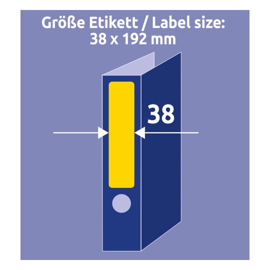 A képen egy 38 x 192 mm méretű címke specifikáció látható, valamint a címke pozíciójának vizuális ábrázolása egy dosszién. A címke sárgával ki van emelve.
