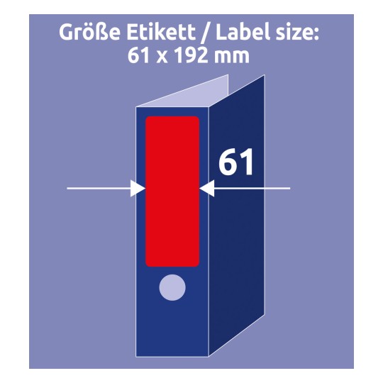 A kép egy címke méret diagramot mutat, amely a 61 x 192 mm méreteket jelzi és egy piros címkét egy fájlon vagy mappán.