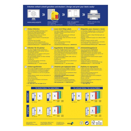 Egy tájékoztató szórólap az Avery termékekről címkék tervezéséhez és nyomtatásához. Többnyelvű útmutatókat és termékkódokat tartalmaz különböző méretű címkékhez mappák rendszerezéséhez.