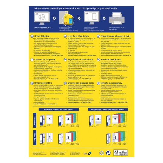 A kép promóciós szórólap Avery iratrendező címkéihez, amely funkciókat, tippeket és elérhetőségi információkat tartalmaz több nyelven. Tartalmaz címke dizájnokat különböző mappaméretekhez, és hangsúlyozza az egyszerű tervezést és nyomtatást.