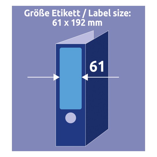 A képen egy felcímkézett iratrendező látható, amelynek méretei 61 x 192 mm-ben vannak megadva, mellette pedig egy ábra látható a méretek jelölésével.