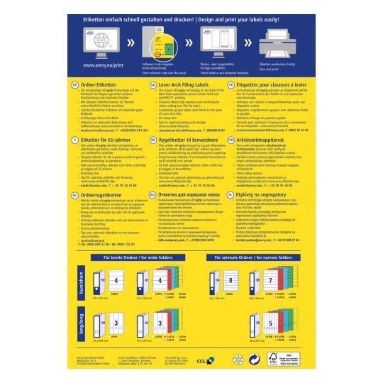 A kép egy informatív grafika a címkék tervezéséről és nyomtatásáról, több nyelvű útmutatókkal, amelyek tartalmazzák a különböző mappaméretekhez illő címketípusok részleteit és a legjobb használatra vonatkozó tippeket.