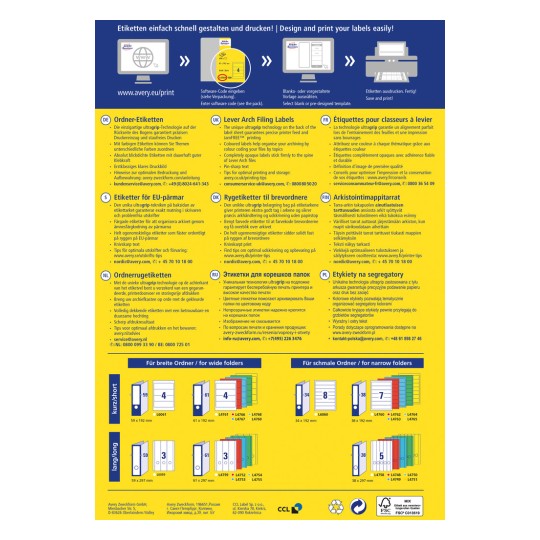 A kép egy információs grafika a karos iratrendezők címkéinek tervezéséről és nyomtatásáról. Számos szekciót tartalmaz több nyelven, amelyek részletezik a nyomtatási folyamatot, tippeket adnak, és ismertetik az elérhető címkeformátumokat, valamint tartalmazzák az ügyfélszolgálat elérhetőségét.