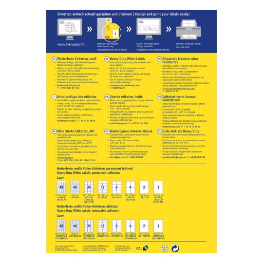 A kép különféle Avery címkéket jelenít meg, részletezve a specifikációkat, használati tippeket és különböző címketípusokat, mindez több nyelven bemutatva.