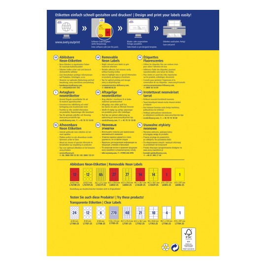 A kép egy színes címkenyomtatási útmutató, amely különböző méretű, eltávolítható neon címkéket tartalmaz. Több nyelven, például német, angol, francia és más nyelveken találhatók benne utasítások, valamint termékkódok és specifikációk.