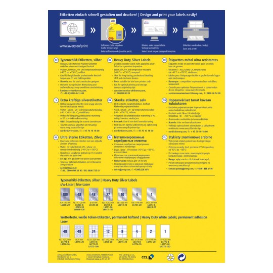 Egy tájékoztató kép az Avery címke termékekről, amely több nyelven részletezi a specifikációkat, méreteket és felhasználást.