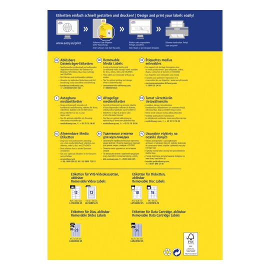 A kép különféle eltávolítható médiacímketerveket és nyomtatási útmutatókat mutat be. Részleteket tartalmaz különböző videó-, lemez- és adathordozók címkéiről több nyelven, valamint tippeket ad az optimális nyomtatáshoz és tároláshoz.