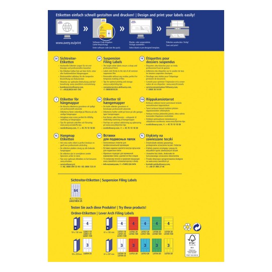 A kép függőmappa címkék tervezésére és nyomtatására vonatkozó utasításokat tartalmaz. Különböző nyelveket tartalmaz, és bemutatja az optimális használat lépéseit és tippeit, valamint a címkefajták képeit és azok méreteit.