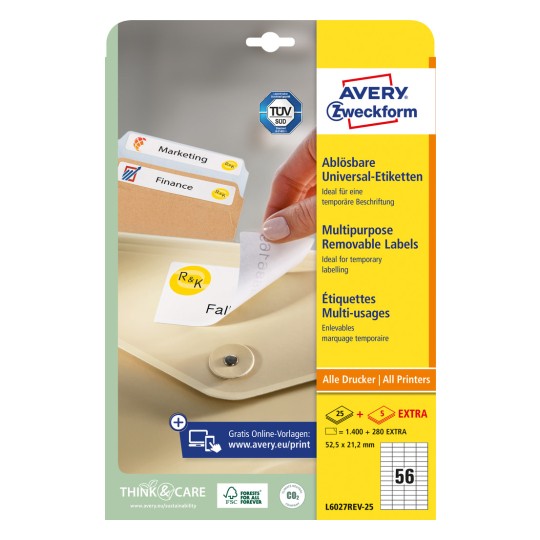 Csomagoláskép: Avery Zweckform univerzális címkék, levehető, Cikkszám: L6027REV-25, Méret: 52,5 x 21,2 mm, Nyomtatási alkalmasság: tintasugaras, fekete/fehér lézer, színes lézer, Tartalom: 1.680 címke / 30 ív, 56 címke/ív?