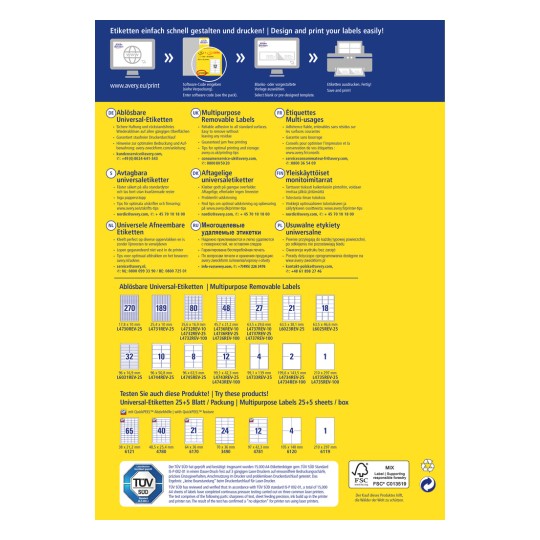 A kép egy promóciós elrendezés Avery címkékhez, amely különféle nyomtatható, eltávolítható és univerzális címkéket részletez. Tartalmaz leírásokat több nyelven, címkeformátumok képeit, valamint használati és tervezési útmutatókat.