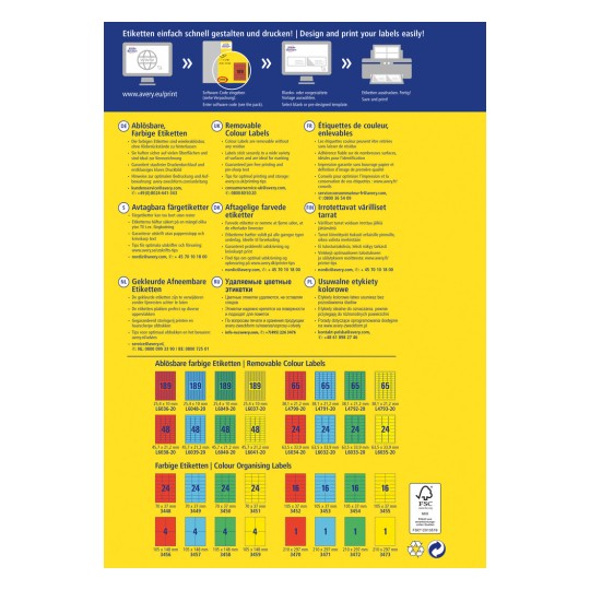 A képen egy Avery címketermékekhez készült többnyelvű útmutató látható, amely különböző típusú eltávolítható és színes címkéket mutat be, azok specifikációival, méreteivel és nyomtatási tippekkel együtt.