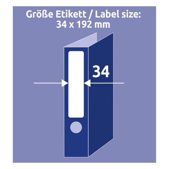 A kép egy mappa címkéjének méreteit mutatja, 34 mm szélességgel és 192 mm magassággal, valamint a címkén lévő német nyelvű címet.