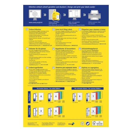 A kép egy Avery címkékre vonatkozó szórólap vagy használati útmutató, amely különböző címketervek és nyomtatási lehetőségek részleteit tartalmazza. Több nyelven találhatók információk az iratrendezési címkékről, a használati utasításokról és a kapcsolattartási adatokról.