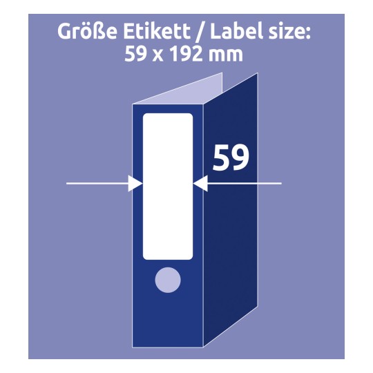 A kép egy 59 x 192 mm méretű címkét mutat, a méreteket kék háttér jelzi.