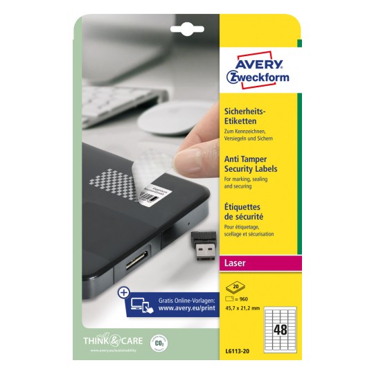 Csomagolási kép: Avery Zweckform biztonsági címkék, Cikkszám: L6113-20, Méret: 45,7 x 21,2 mm, Nyomtatási alkalmasság: fekete-fehér és színes lézer, Tartalom: 960 címke / 20 ív, 48 címke / ív.