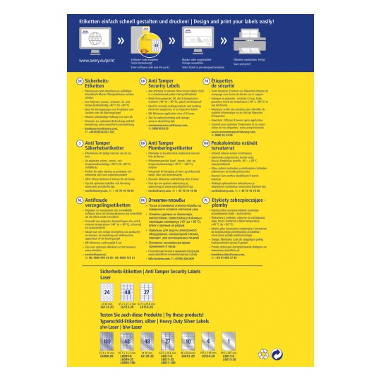 A kép egy termékismertető az Anti Tamper biztonsági címkékről, amely tartalmazza a jellemzőiket, anyag specifikációikat, alkalmazási utasításaikat és a rendelkezésre álló méreteket több nyelven. Tartalmazza a kapcsolattartási információkat és a felhasználási javaslatokat is.
