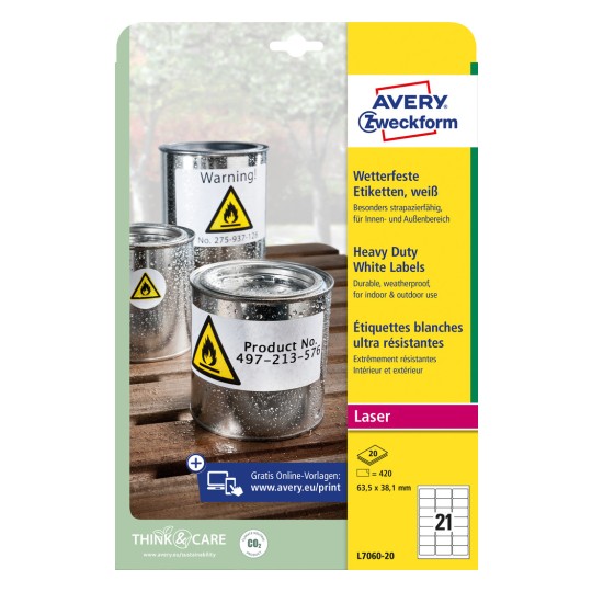 Csomagolásképek: Avery Zweckform Időjárásálló fóliacímkék lézernyomtatókhoz, Cikkszám: L7060-20, Méret: 63,5 x 38,1 mm, Nyomtatási lehetőség: Fekete-fehér lézer, színes lézer, Tartalom: 420 címke / 20 ív, 21 címke/ív.