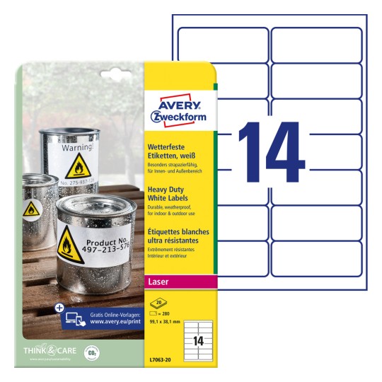 Csomagolási kép címkelappal: Avery Zweckform időjárásálló fóliacímkék, cikk: L7063-20, méret: 99,1 x 38,1 mm, nyomtatási alkalmasság: fekete/fehér lézer, színes lézer, tartalom: 280 címke / 20 lap, 14 címke/lap.