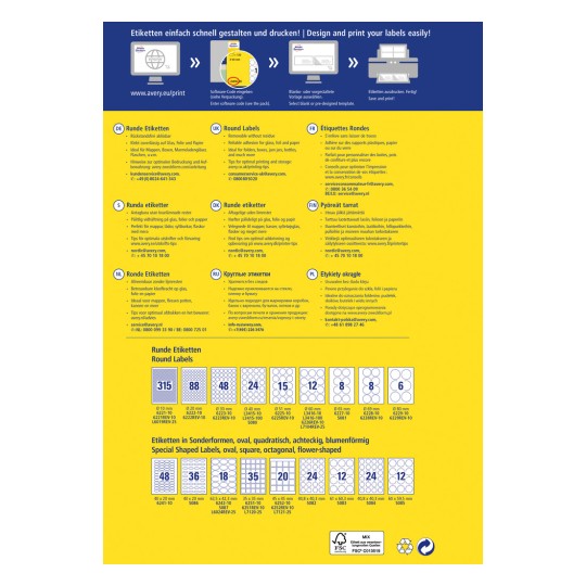 A kép egy szórólap vagy poszter, amely kör alakú címkékről szól, beleértve az utasításokat és specifikációkat különböző nyelveken. Az Avery márkától származó információkat mutat a címkék tervezéséről és nyomtatásáról, méreteket és címkeformák példáit, valamint elérhetőségi adatokat biztosít.