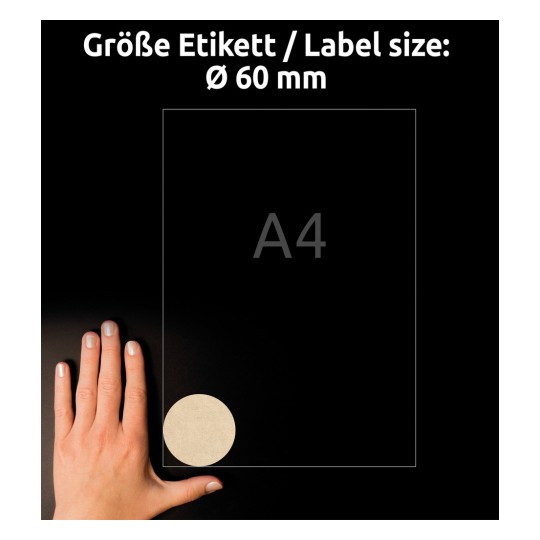 A kép egy kezet mutat egy 'Ø 60 mm' feliratú kör mellett, valamint egy A4-es papírméret körvonalával, német szöveg jelzi a címke méretét.