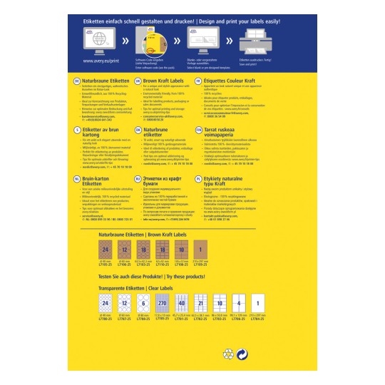 A kép Avery címketermékeihez készült promóciós grafika, amely több nyelven tartalmaz információkat a barna kraft címkékről. Tartalmazza a környezetbarát anyagok, a tervezési lehetőségek és a termék specifikációinak részleteit. A vizuális elrendezés különböző címkeformátumok és -méretek példáit is bemutatja.
