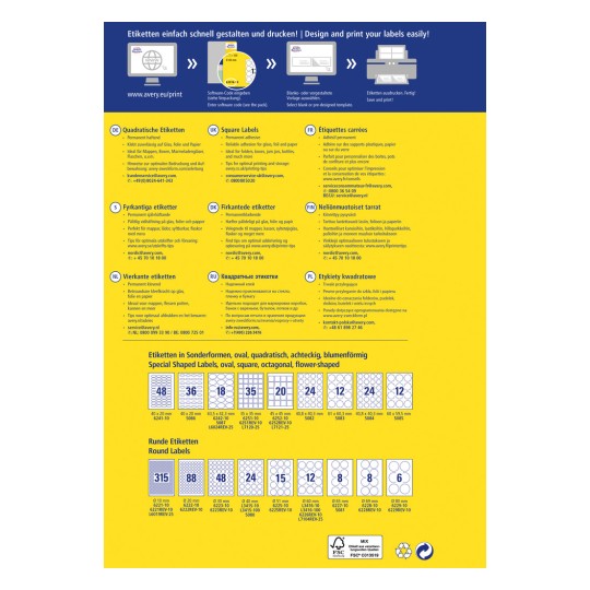 Ez a kép az Avery címketerveinek és nyomtatási lehetőségeinek katalógusát mutatja, beleértve a négyzet alakú, téglalap alakú, ovális, kerek és különleges formájú címkéket is, többnyelvű leírásokkal és nyomtatási tippekkel.