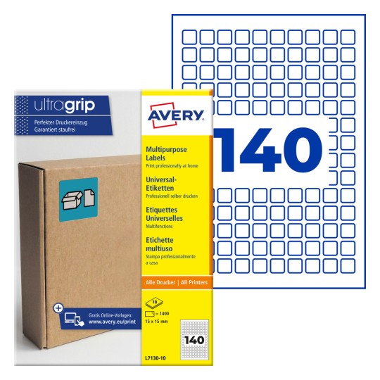 Avery Ultragrip többcélú címkecsoma g, amely 140 darab kis négyzet alakú címkét és egy kartondobozt mutat?