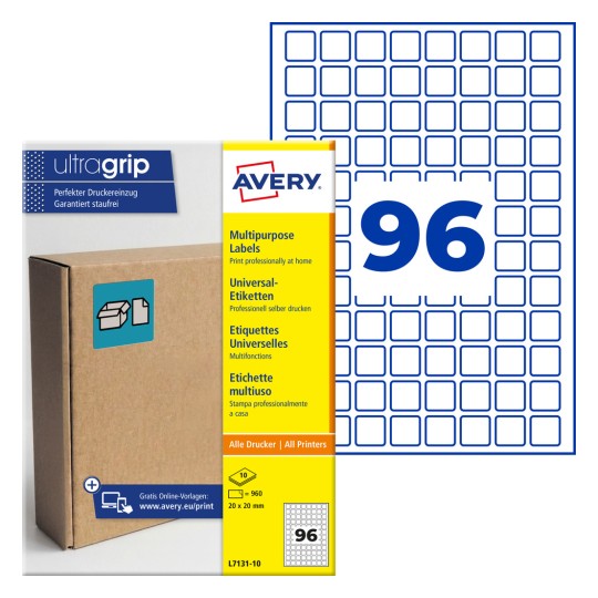 Avery Ultragrip többcélú címkecsomag, amely 96 kék, négyzet alakú címkét és a csomagolást mutatja?