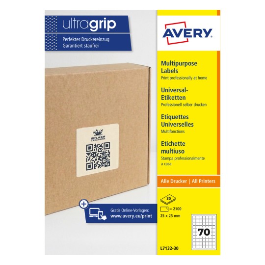 Barna kartondoboz négyzet alakú QR-kódos címkével és Avery csomagolási csíkkal?
