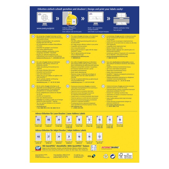 A kép információkat tartalmaz Avery címkenyomtatási technológiájáról, bemutatva a funkciókat, nyelveket és különböző címke specifikációkat mind a lézer, mind a tintasugaras nyomtatókhoz. Tartalmaz tippeket a tervezéshez és a nyomtatáshoz, valamint ügyfélszolgálati elérhetőségeket.