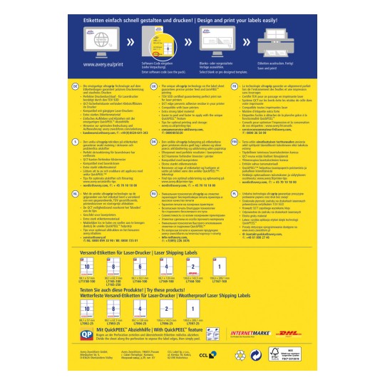 A képen Avery lézeres szállítási címkék promóciós szórólapja látható. Kiemeli az ultragrit technológiát, a QuickPEEL funkciót, és több nyelven ad utasításokat a címkék használatához. Tartalmazza a termékkódokat, nyomtatási tippeket az optimális eredmény érdekében, valamint a kapcsolódó termékek listáját.