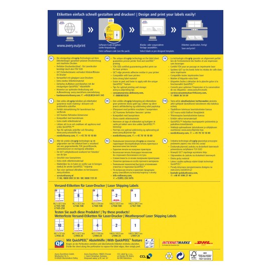 A kép egy reklám szórólap vagy útmutató az Avery lézeres szállítócímkéihez. Részletezi a címkék jellemzőit és előnyeit, a nyomtatási technológiát, és több nyelven, köztük német, angol, francia, holland, dán, finn, lengyel és orosz nyelven biztosít kapcsolatfelvételi információkat.