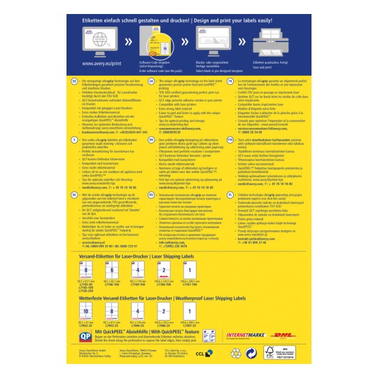 A kép Avery címkenyomtatási technológiájáról nyújt információt, beleértve a funkciókat, előnyöket és specifikációkat több nyelven. Népszerűsíti a QuickPEEL funkciót a könnyű címkefelvitel érdekében, és megadja az ügyfélszolgálat elérhetőségi adatait.