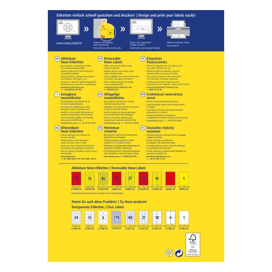 A kép egy levehető neon címkék gyűjteményét mutatja be, valamint útmutatást arról, hogyan lehet azokat könnyen megtervezni és kinyomtatni. Különböző címkeméreteket, színes dizájnokat és többnyelvű támogatást tartalmaz.