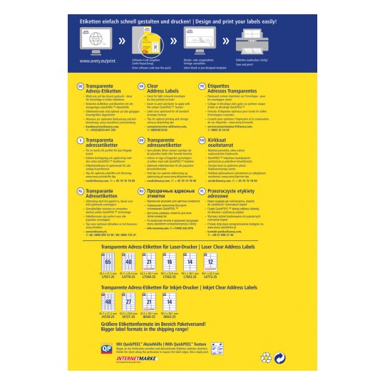A kép egy promóciós dizájn, amely az Avery átlátszó címkék termékeit mutatja be. Többnyelvű útmutatókat tartalmaz a tervezéshez és nyomtatáshoz, valamint felsorolja a különböző típusú nyomtatókhoz tartozó címkeformátumokat. A tervezés a könnyű használatot hangsúlyozza, például a QuickPEEL funkcióval.