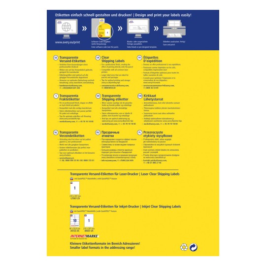 A kép Avery áttetsző szállítási címkéinek promóciós szórólapját ábrázolja. Több nyelven tartalmaz útmutatást, és kiemeli a lézer- és tintasugaras nyomtatókkal való kompatibilitást. Különböző címkeopciók és sablonok állnak rendelkezésre a könnyű tervezés és nyomtatás érdekében.