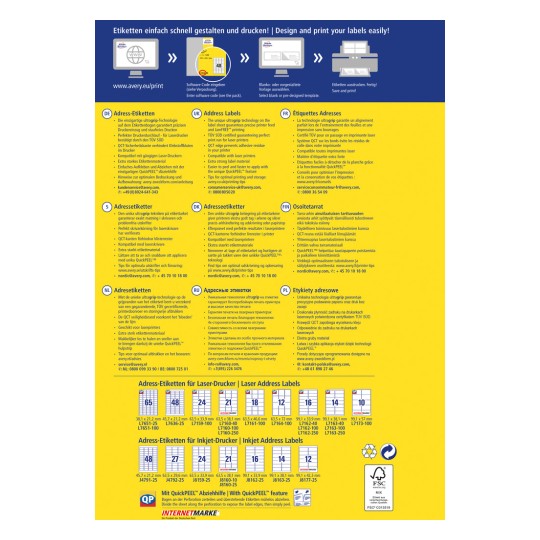 A kép információkat tartalmaz címkékről, bemutatva különböző címkétípusokat, jellemzőket és többnyelvű utasításokat a tervezés és nyomtatás terén. Tartalmaz egy diagramot is, amely bemutatja az Easy Peel funkciót.